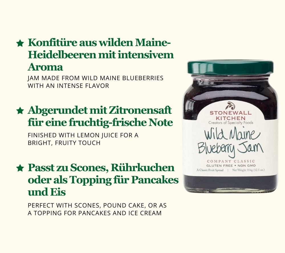 Wild Blueberry Jam von Stonewall Kitchen ☆ Aromatische, wilde Blaubeeren mit Zucker & einem Hauch Zitrone ☆ Perfekt als Geschenk ☆ Jetzt bestellen!