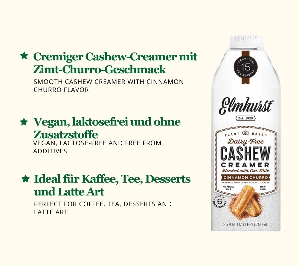 Cinnamon Churro Cashew Creamer von Elmhurst kaufen – cremiger Cashew-Creamer mit Zimt-Churro-Note für Kaffee, Tee & Desserts