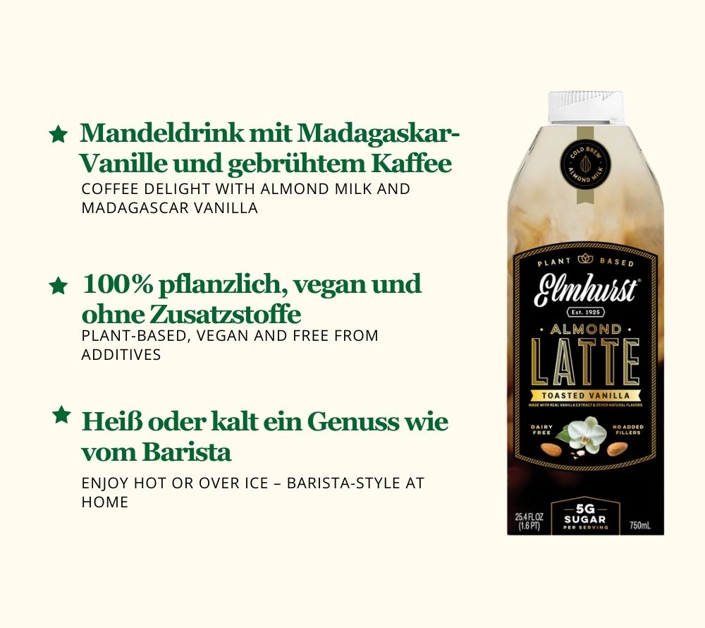 Toasted Almond Vanilla Latte von Elmhurst kaufen | Gourmet vegane Milchalternativen | Inkl. Mandel, Hafer, Cashew, Ahorn, Walnuss | Perfekt für Kaffee, Smoothies, Brei, Desserts | EU Versand