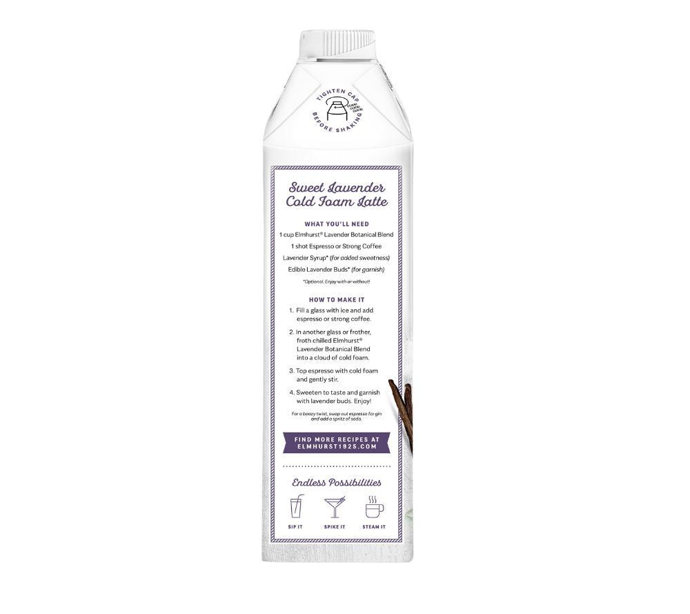 Vanilla Lavender Botanical Blend von Elmhurst kaufen ☆ Sanfte Vanille & Lavendel ☆ Vegan, laktosefrei, glutenfrei ☆ Perfekt für Iced Latte ☆ Jetzt kaufen!