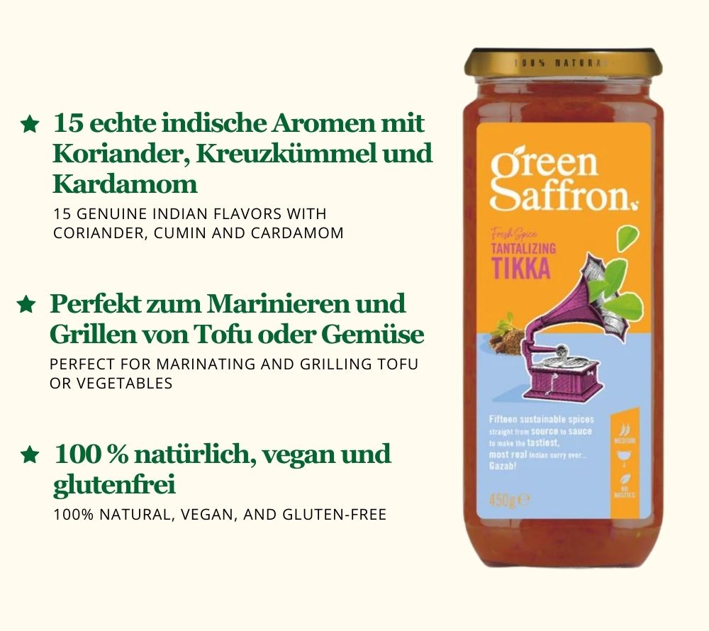 Tikka Sauce von Green Saffron kaufen ☆ Mit 15 feinen indischen Gewürzen verfeinert ☆ 100 % natürlich, vegan & glutenfrei ☆ EU-weiter Versand