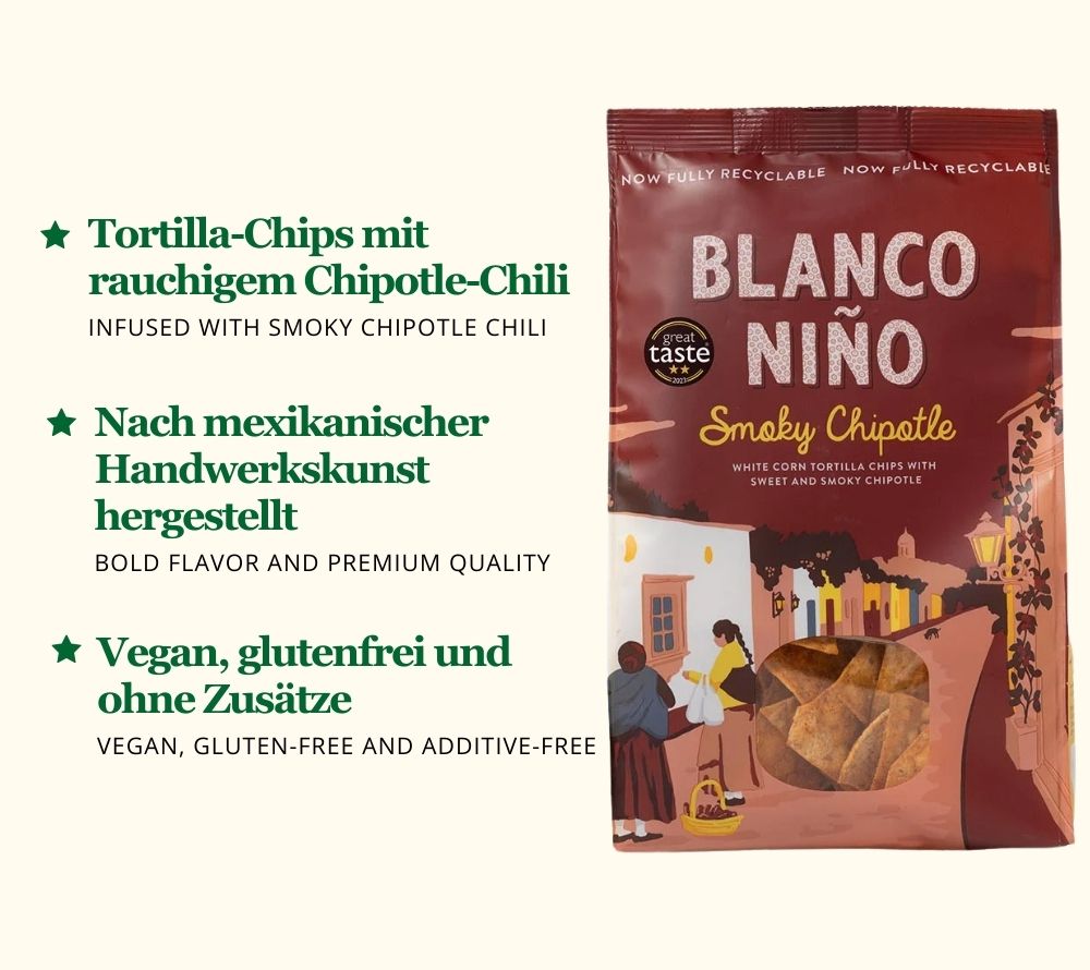 Tortillia Chips Smoky Chipotle von Blanco Niño online kaufen ☆ 100 % vegan ☆ Glutenfrei & frei von künstlichen Zusätzen ☆ Probieren Sie selbst!