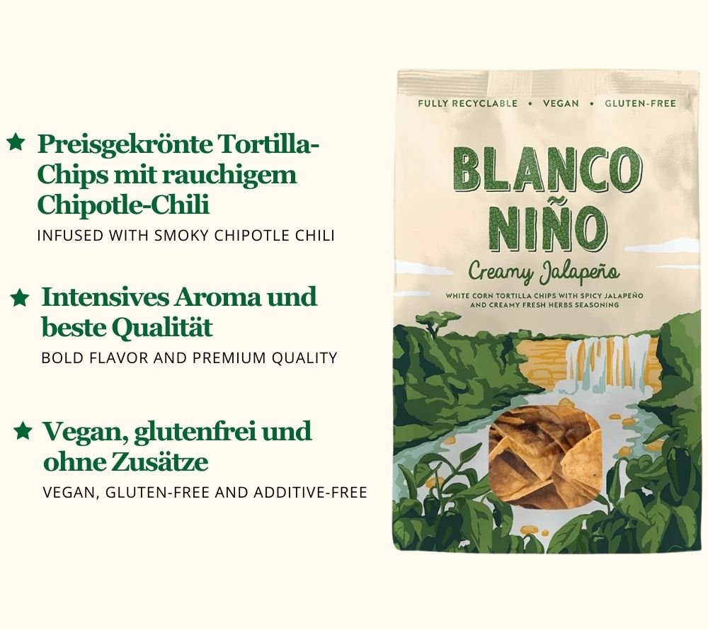 Tortillia Chips Creamy Jalapeño von Blanco Niño online kaufen ☆ 100 % vegan ☆ Glutenfrei & frei von künstlichen Zusätzen ☆ Probieren Sie selbst!