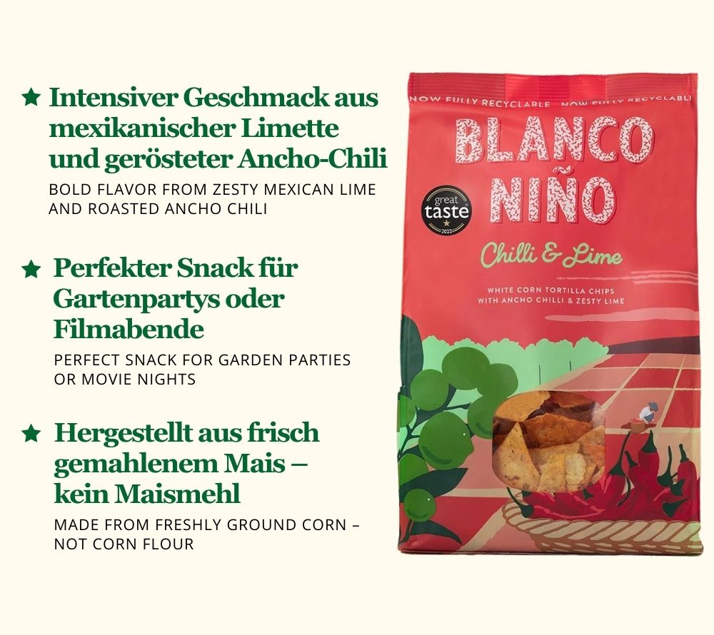 Tortillia Chips Chilli & Lime von Blanco Niño online kaufen ☆ 100 % vegan ☆ Glutenfrei & frei von künstlichen Zusätzen ☆ Probieren Sie selbst!