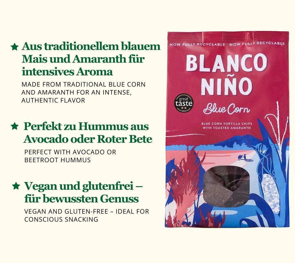 Tortillia Chips Blue Corn von Blanco Niño online kaufen ☆ 100 % vegan ☆ Glutenfrei & frei von künstlichen Zusätzen ☆ Probieren Sie selbst!