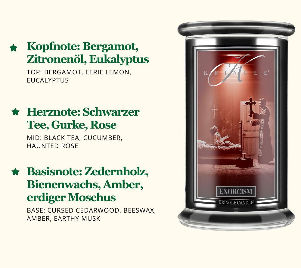 Exorcism Duftkerze ☆ Kopfnote: Bergamot, Zitronenöl, Eukalyptus ☆ Basisnote: Zedernholz, Bienenwachs, Amber, erdiger Moschus ☆ Jetzt bestellen!