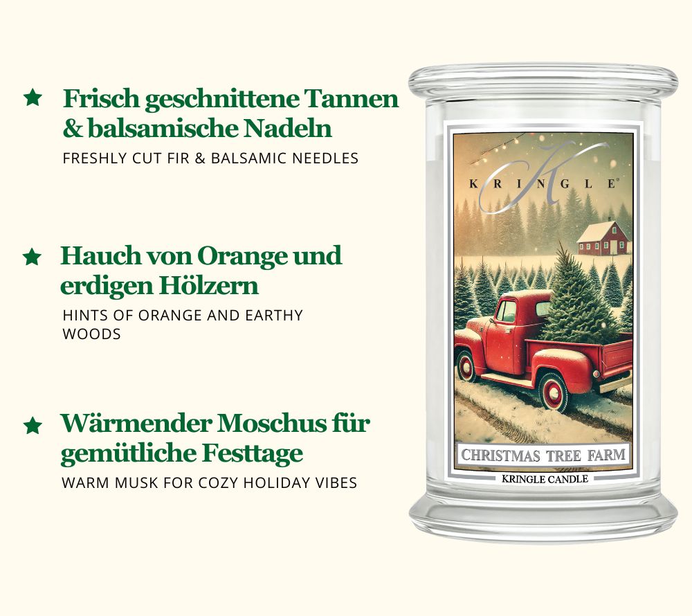 Christmas Tree Farm Duftkerze ☆ Kopfnote: Tannennadel, Balsam ☆ Herznote: Kiefer, Orange ☆ Basisnote: Holz, Moschus ☆ Europaweiter Versand ☆ Jetzt entdecken!