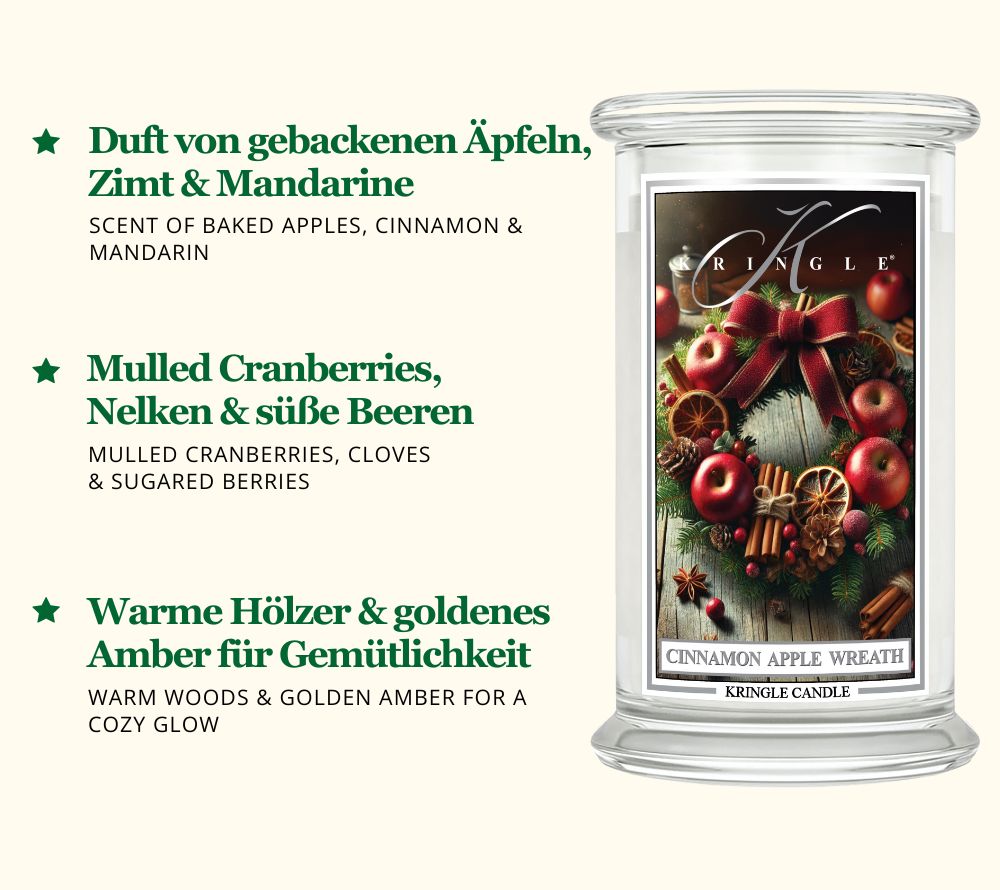 Cinnamon Apple Wreath Duftkerze ☆ Kopfnote: Gebackener roter Apfel, Zimtstange, funkelnde Mandarine ☆ Europaweiter Versand ☆ Jetzt entdecken!
