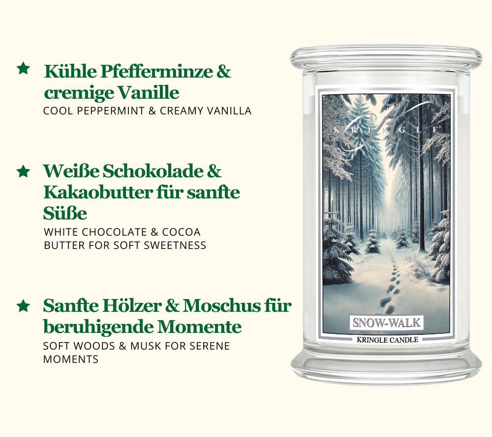 Snow-Walk Duftkerze ☆ Kopfnote: Vanille, Pfefferminz ☆ Herznote: Weiße Schokolade, Sandelholz ☆ Basisnote: Vanille, Moschus ☆ Europaweiter Versand ☆ Jetzt kaufen!