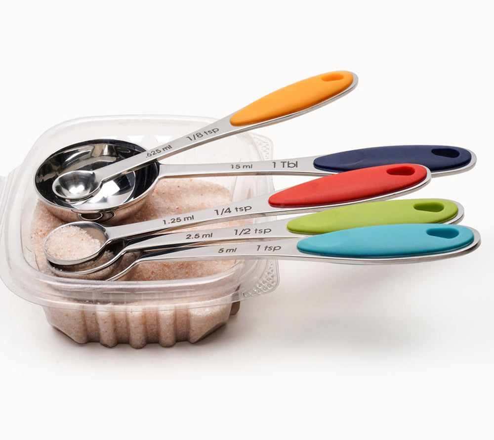 Buntes Messlöffel Set aus Edelstahl kaufen – 5-teilig, 1 EL bis 1/8 TL, spülmaschinenfest