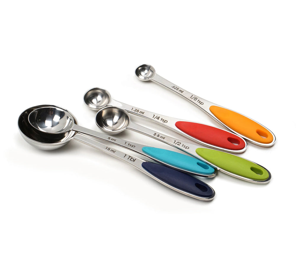 Buntes Messlöffel Set aus Edelstahl kaufen – 5-teilig, 1 EL bis 1/8 TL, spülmaschinenfest