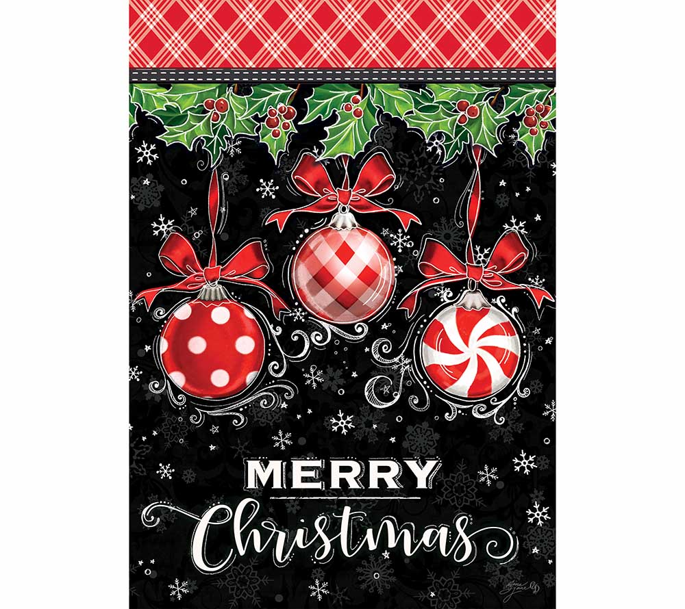 Merry Christmas mit Weihnachtsanhängern als elegante Gartenfahne