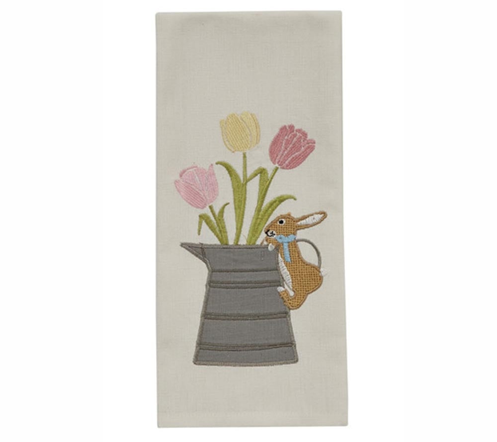Osterhase mit Tulpen als besticktes Geschirrtuch (100 % Baumwolle)