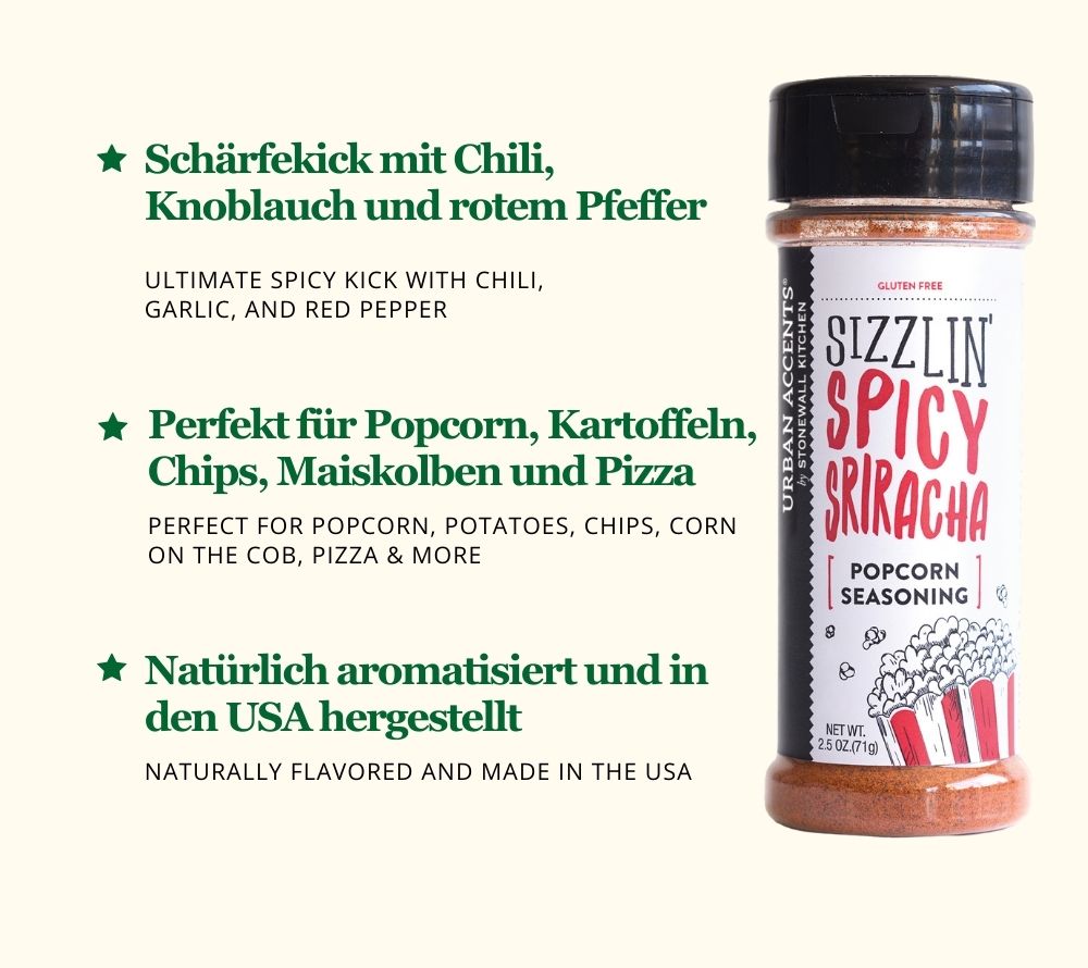 Popcorngewürz Sizzlin' Spicy Sriracha von Urban Accents ☆ Feurige Schärfe mit Chili, Knoblauch & Pfeffer ☆ Perfekt für würziges Popcorn & Snacks ☆ Jetzt probieren!