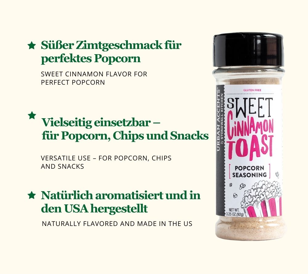 Popcorngewürz Sweet Cinnamon Toast von Urban Accents ☆ Süßes Zimt-Topping für Popcorn & mehr ☆ Perfekt für Snacks & Desserts ☆ Jetzt probieren!