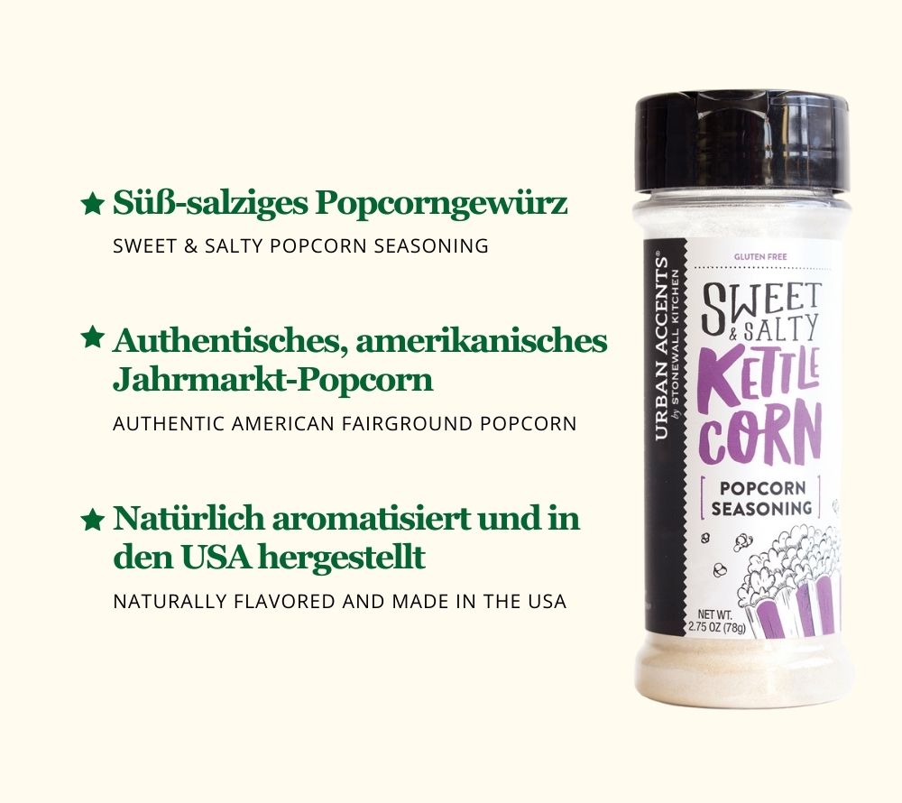 Popcorngewürz Sweet & Salty Kettle Corn von Urban Accents ☆ Klassischer Kirmes-Genuss für süß-salziges Popcorn ☆ Perfekt für den Kinoabend ☆ Jetzt probieren!