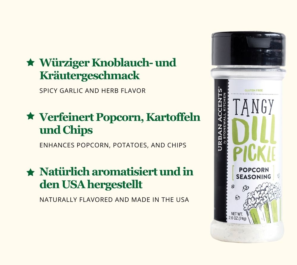 Popcorngewürz Tangy Dill Pickle von Urban Accents ☆ Würziger Knoblauch- & Kräutergeschmack für Popcorn & mehr ☆ Perfekt für Snack-Liebhaber ☆ Jetzt probieren!