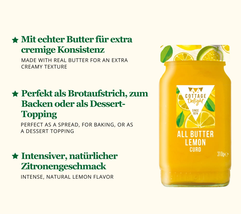 All Butter Lemon Curd von Cottage Delight kaufen | Original englische Zitronencreme mit Butter | Handgemacht in England | Für Scones, Toast, Gebäck, Desserts | EU-weiter Versand