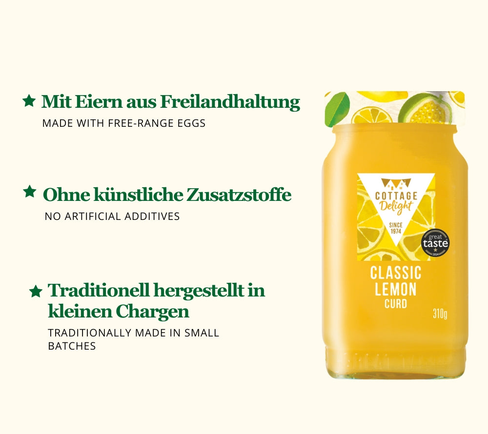 
                  
                    Classic Lemon Curd von Cottage Delight kaufen | Englische Zitronencreme aus Freilandeiern | Handgemacht in kleinen Chargen | Für Brot, Scones, Desserts | EU-weiter Versand
                  
                