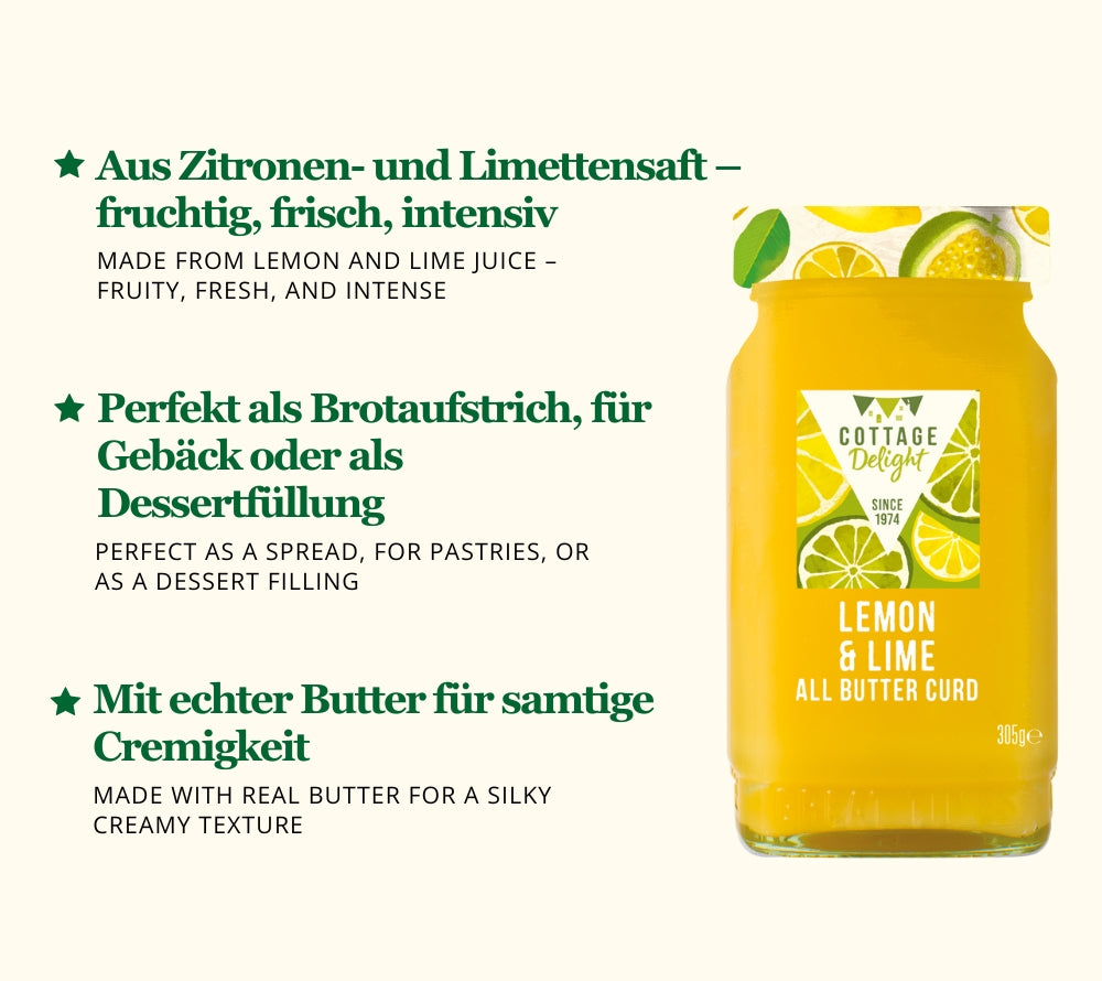 Lemon & Lime All Butter Curd von Cottage Delight kaufen | Englischer Fruchtaufstrich mit Zitrone, Limette & Butter | Handgemacht in England | Für Brot, Scones, Desserts | EU-weiter Versand