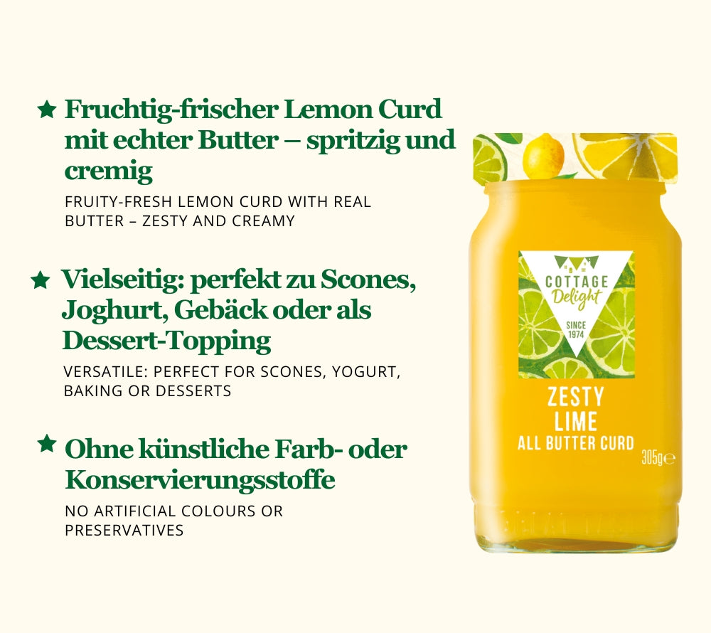
                  
                    Zesty Lime All Butter Curd von Cottage Delight kaufen | Englischer Limetten-Aufstrich mit Butter | Handgemacht & extra spritzig | Für Brot, Kuchen, Desserts | EU-weiter Versand
                  
                