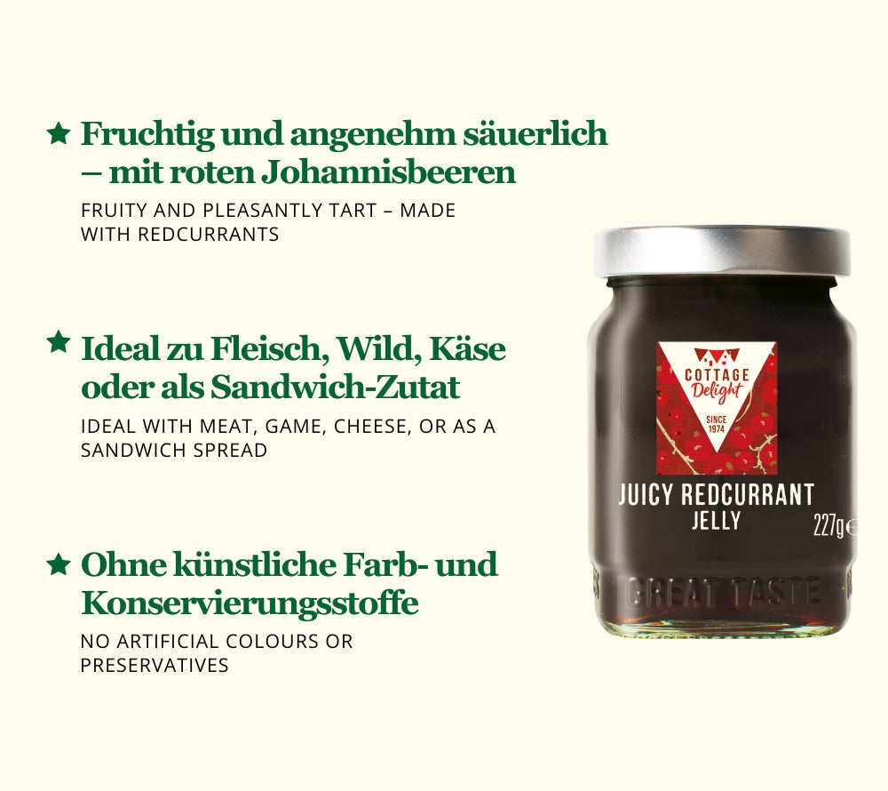 Juicy Redcurrant Jelly von Cottage Delight kaufen | Englisches Ribisel-Gelee mit feiner Säure | Handgemacht & perfekt zu Fleisch, Wild, Käse | EU-weiter Versand