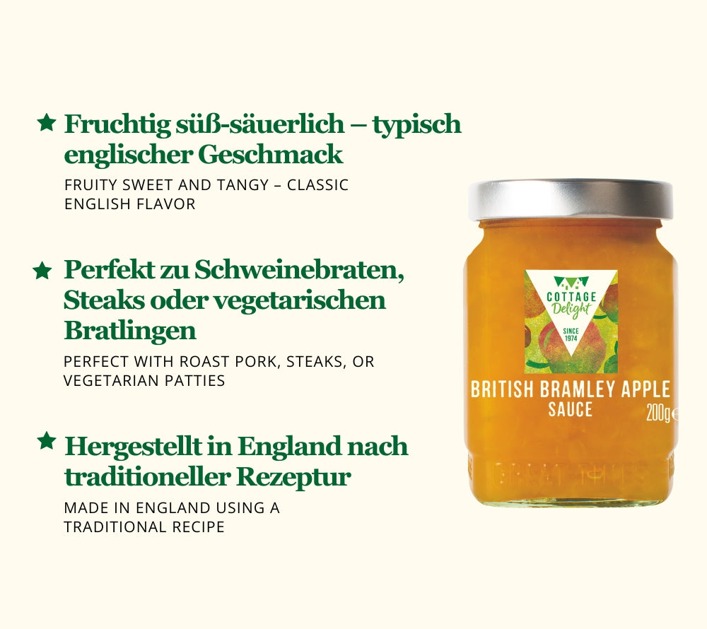 British Bramley Apple Sauce von Cottage Delight kaufen | Englische Apfelsauce mit süß-säuerlicher Note | Perfekt zu Schweinefleisch & Braten | Vegetarisch & glutenfrei | EU-weiter Versand