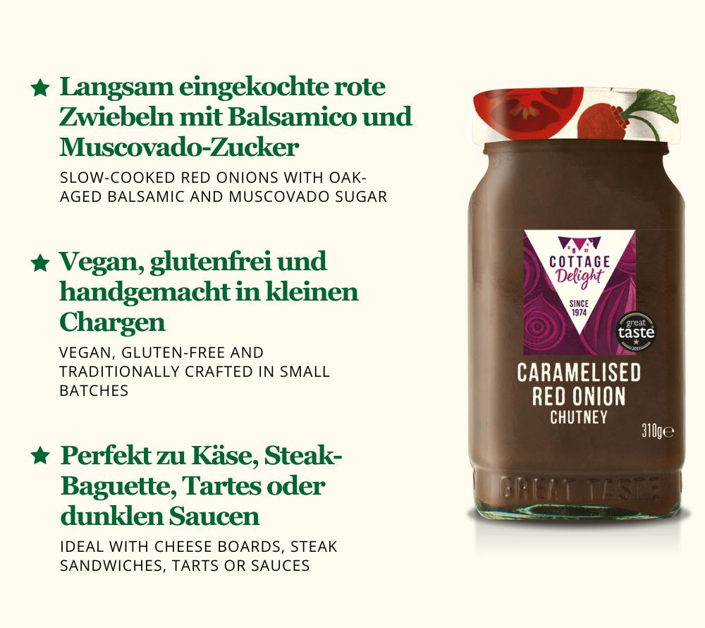 
                  
                    Karamellisierte Rote-Zwiebel-Chutney ☆ Mit Muscovado-Zucker & Balsamico verfeinert ☆ Vegan, glutenfrei & traditionell ☆ Europaweiter Versand | Jetzt bestellen!
                  
                