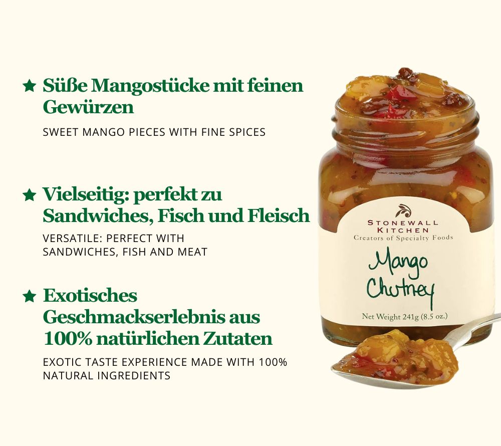 
                  
                    Mango Chutney ✓ Köstliches, fruchtig-pikantes Chutney ✓ Mit Stückchen von tropischer Mango ✓ Importiert aus den USA » Jetzt probieren! 
                  
                
