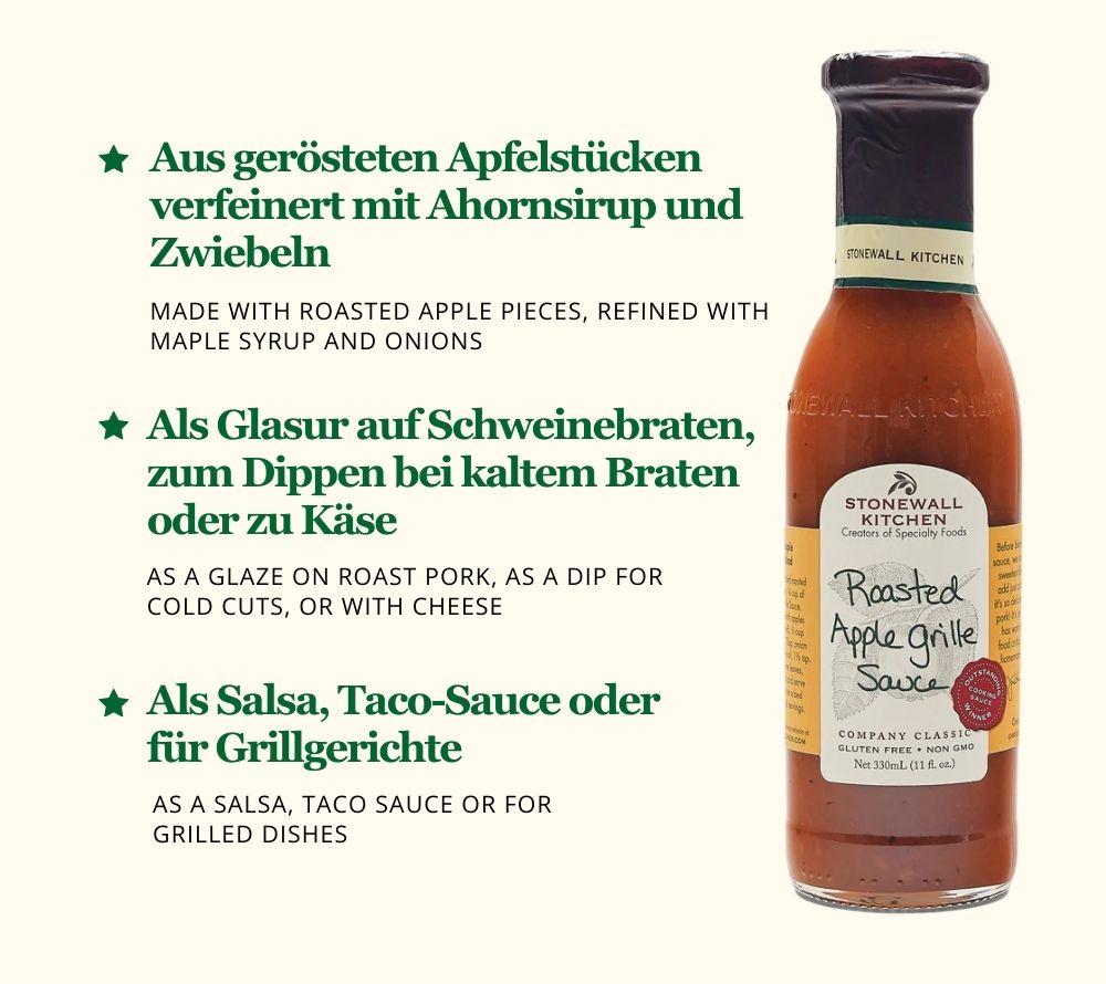 
                  
                    Roasted Apple Grille Sauce von Stonewall Kitchen ☆ mit langsam gerösteten Apfelscheiben ☆ feine Süße durch braunen Zucker ☆ Jetzt probieren!
                  
                