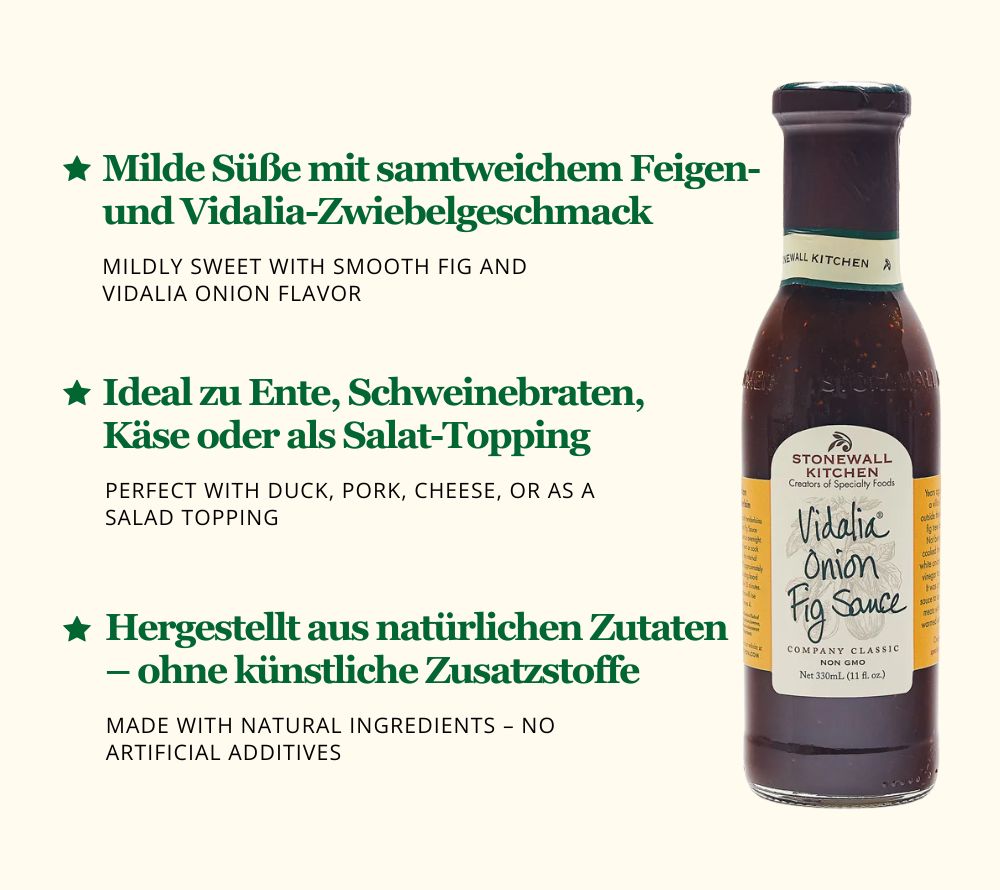
                  
                    Vidalia Onion Fig Sauce von Stonewall Kitchen ☆ aus hochwertigen Zutaten ☆ süßer, samtweicher Feigengeschmack ☆ feine Zwiebeln ☆ Jetzt probieren!
                  
                