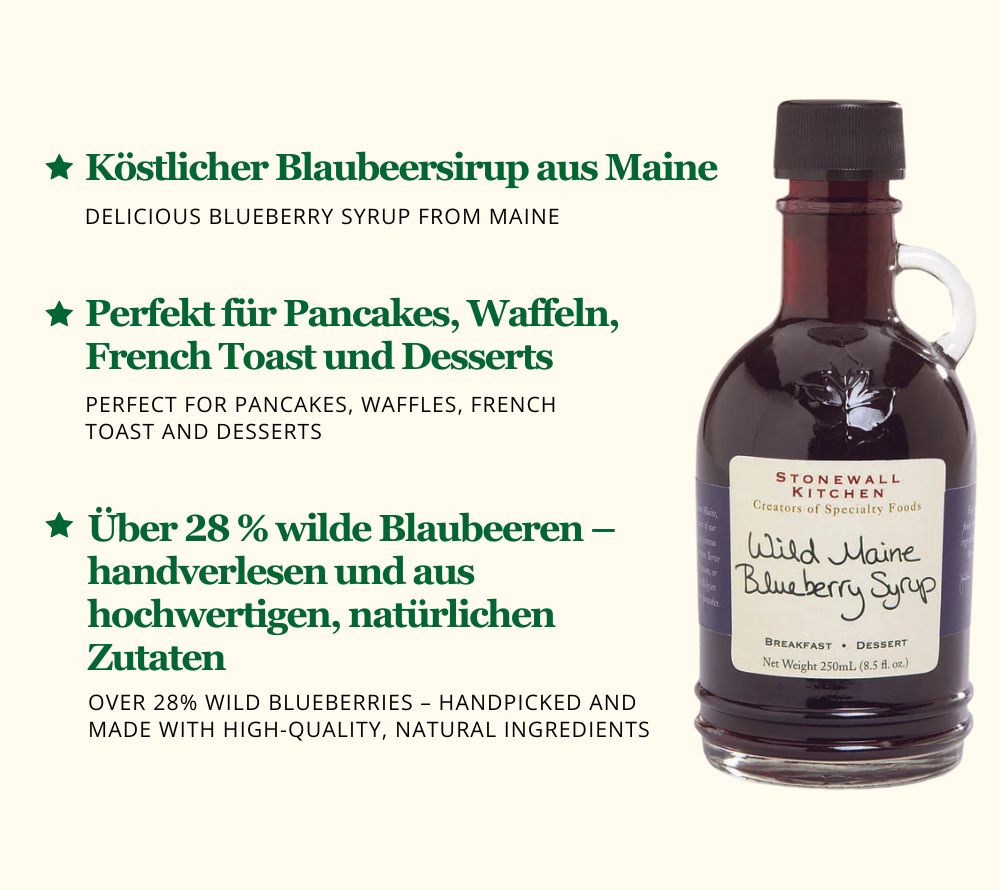 Blaubeer Sirup aus den USA ☆ Von Hand in Maine geerntet ☆ Bestehend aus mehr als 28 % Blaubeeren ☆ Perfekt für Pancakes & Waffeln! ☆ Jetzt bestellen!