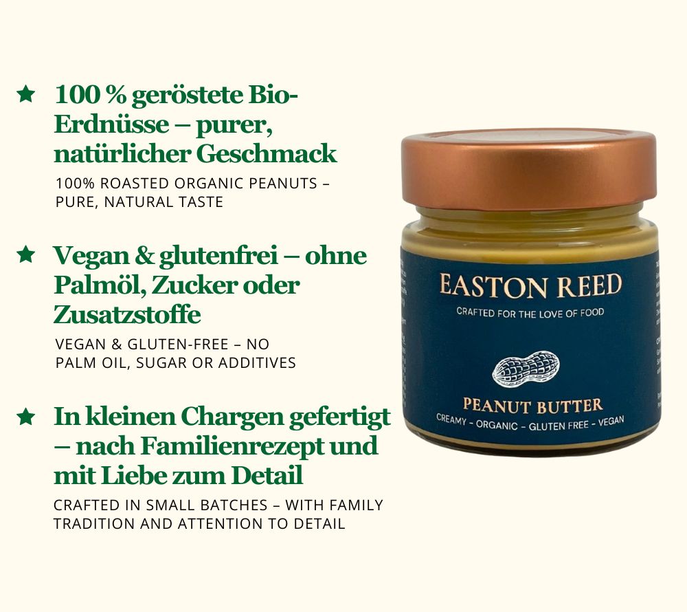 Bio-Peanut Butter | 100 % Bio-Erdnüsse | Besonders cremige Konsistenz | Vegan & glutenfrei | Ohne Zuckerzusatz, ohne Palmöl, ohne Zusatzstoffe | Jetzt bestellen!