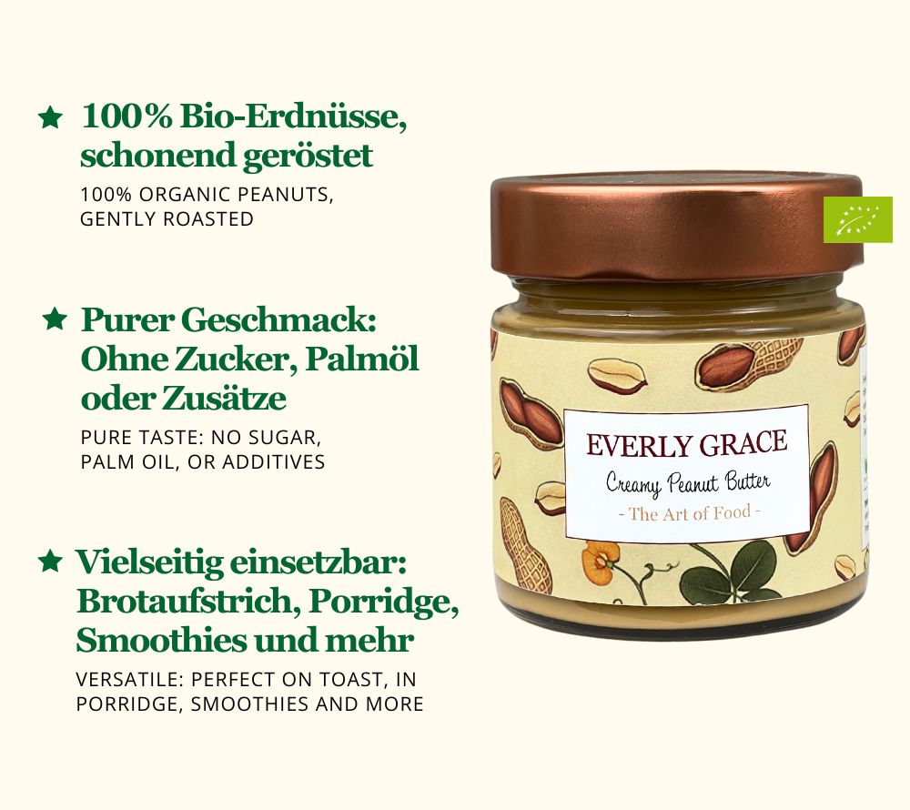 
                  
                    100 % sorgfältig geröstete Bio-Erdnüsse | Ohne Zucker, Palmöl oder Zusätze | Reich an pflanzlichen Proteinen & gesunden Fette | Jetzt bestellen!
                  
                