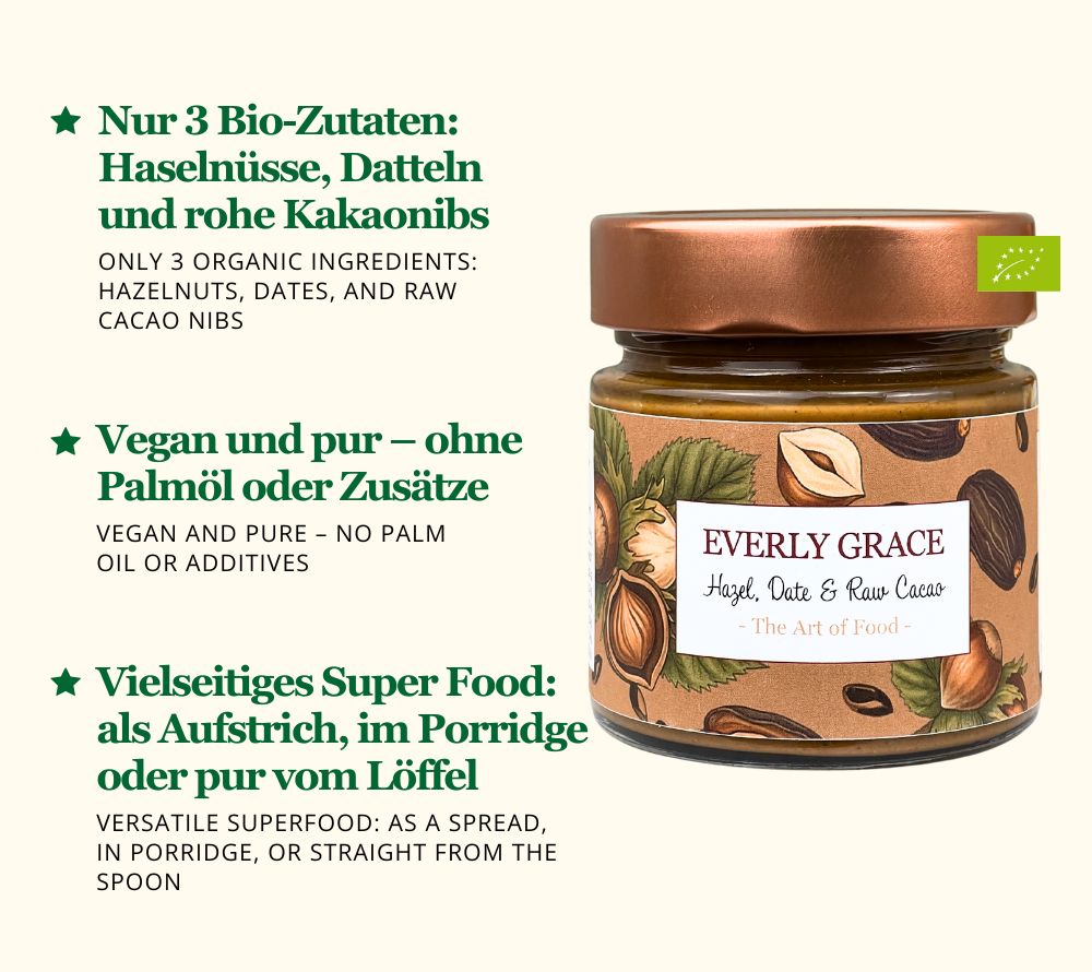 Geröstete Haselnüsse mit Datteln & rohen Kakaonibs | Ohne Palmöl oder Zusätze | Ideal als Brotaufstrich, für Porridge oder Desserts | Jetzt bestellen!