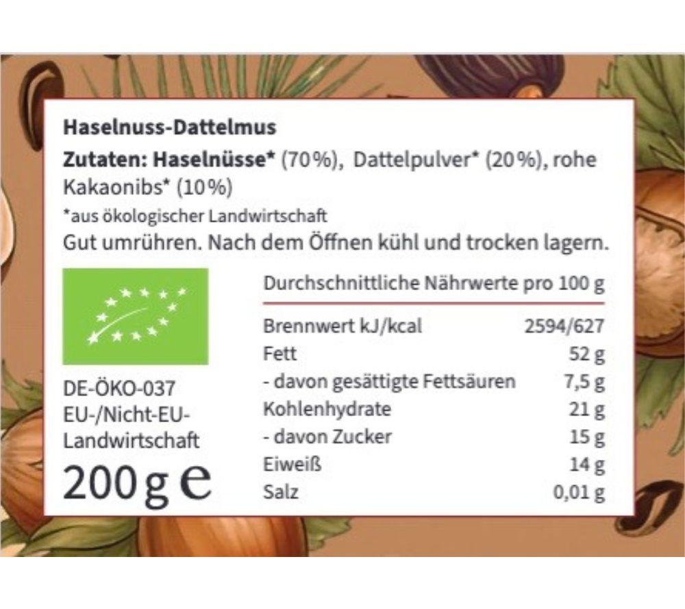 Geröstete Haselnüsse mit Datteln & rohen Kakaonibs | Ohne Palmöl oder Zusätze | Ideal als Brotaufstrich, für Porridge oder Desserts | Jetzt bestellen!