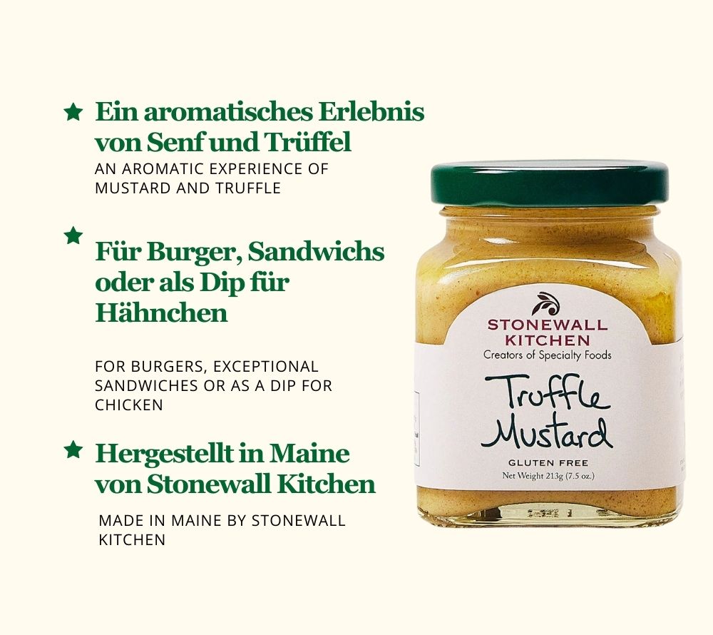 
                  
                    Truffle Mustard von Stonewall Kitchen kaufen ☆ Exquisiter Senf mit Trüffel ☆ Für Burger, Sandwichs oder als Dip ☆ Jetzt probieren!
                  
                