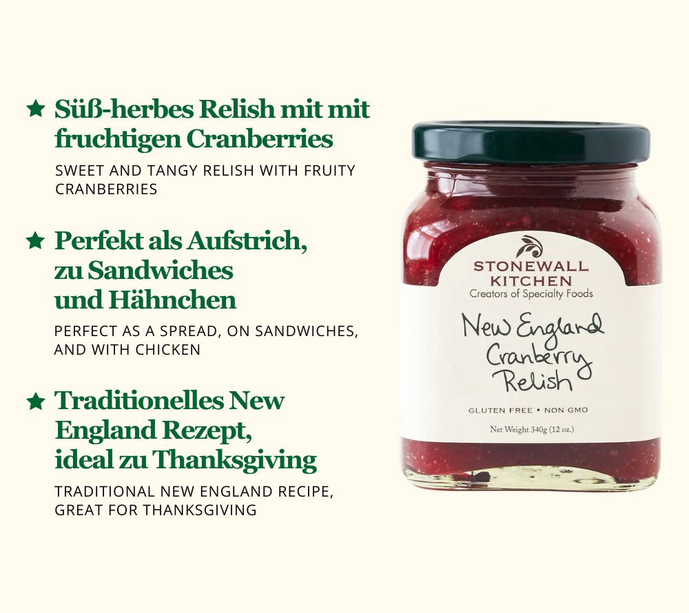 New England Cranberry Relish von Stonewall Kitchen ☆ Süß-herber Cranberrygeschmack mit einem Hauch Orange ☆ Perfekt als Sandwich-Aufstrich oder Beilage zu Hähnchen und Truthahn. Jetzt genießen!