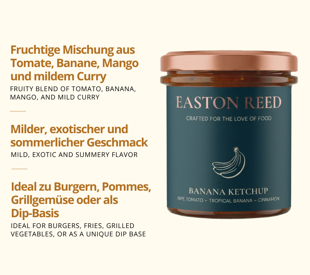 Banana Ketchup als Freistellerbild mit jeweils 3 Fakten auf deutsch und auf englisch