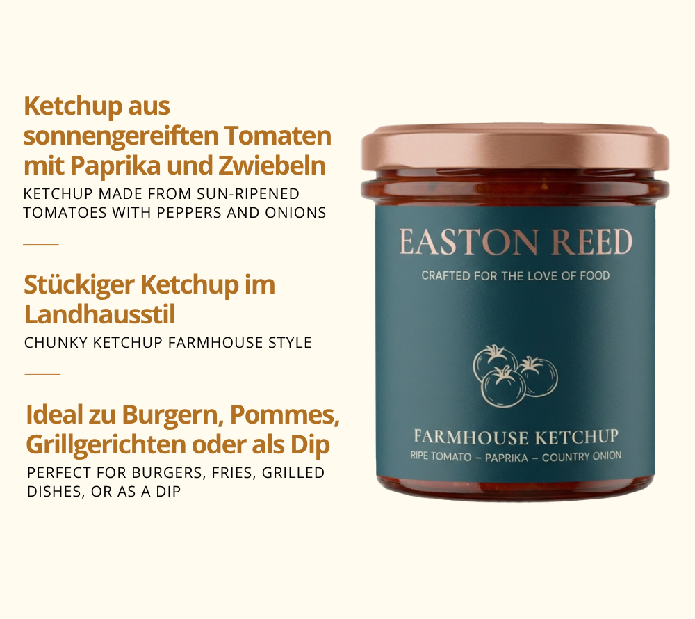 Farmhouse Ketchup als Freistellerbild mit jeweils 3 Fakten auf deutsch und auf englisch
