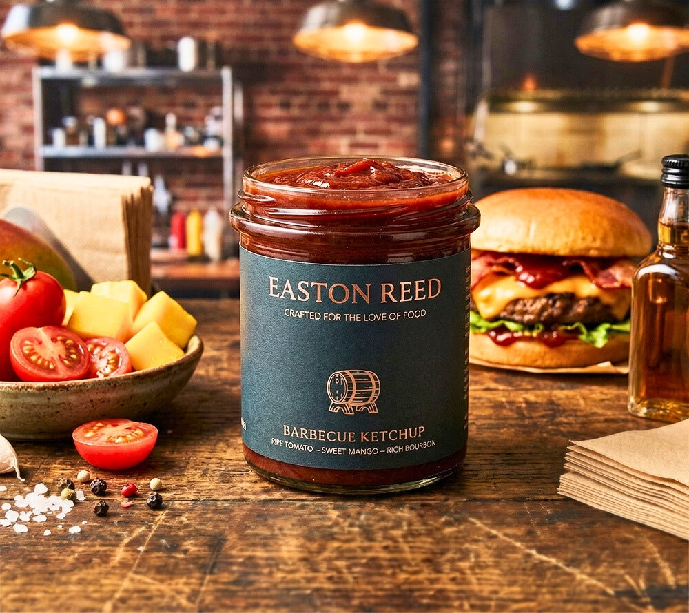 Easton Reed Barbecue Ketchup: Fruchtig-rauchiger Tomatenketchup mit feiner Würze. Ideal zu Grillgerichten, Burgern, Ribs und als BBQ-Dip oder Glasur.