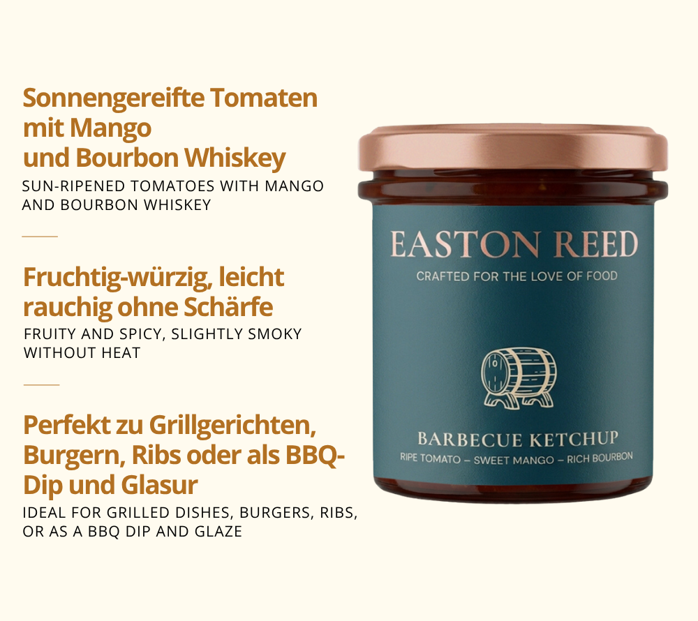 Barbecue Ketchup als Freistellerbild mit jeweils 3 Fakten auf deutsch und auf englisch