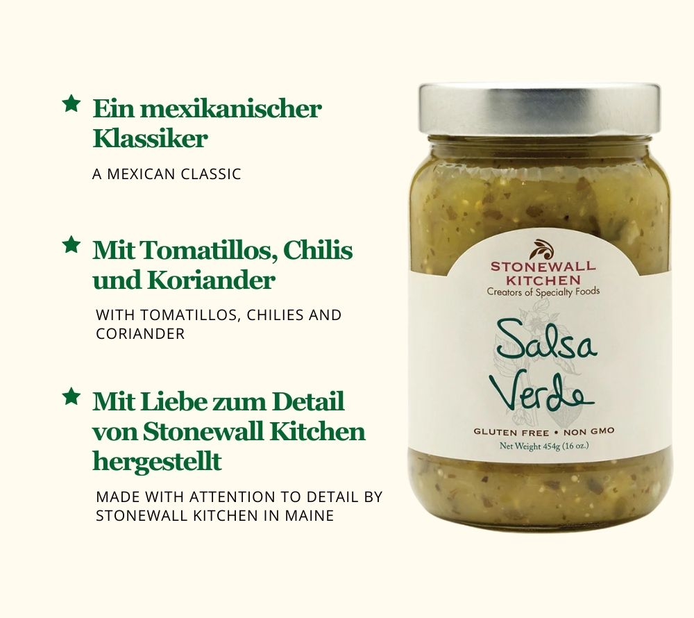 
                  
                    Salsa Verde von Stonewall Kitchen kaufen ☆ Mit Tomatillos, Chilis & Koriander ☆ Ein mexikanischer Klassiker ☆ Jetzt probieren!
                  
                