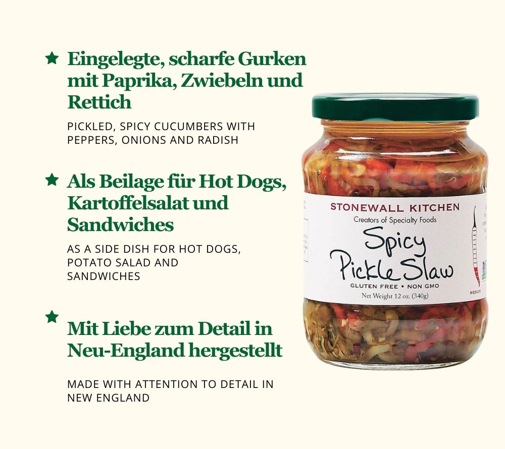 
                  
                    Spicy Pickle Slaw von Stonewall Kitchen kaufen ☆ Mit Gurken, Zwiebeln und Paprika ☆ Ein Klassiker für Hot Dogs und Sandwiches ☆ Jetzt probieren!
                  
                