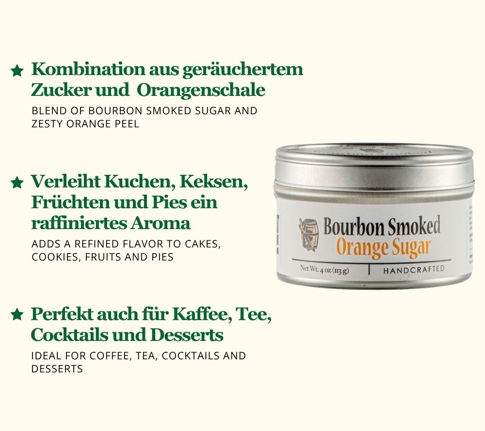 Bourbon Smoked Orange Sugar von Bourbon Barrel Foods bei American Heritage – geräucherter Zucker mit Orangenschale für Desserts, Kaffee, Tee & Cocktails.