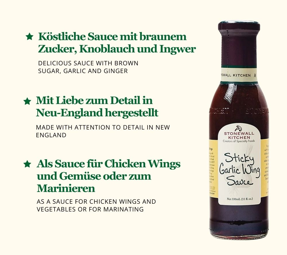 Sticky Garlic Wing Sauce von Stonewall Kitchen kaufen ☆ Mit braunem Zucker, Knoblauch und Ingwer ☆ Zum Grillen und BBQ ☆ Mehr Sorten ☆ Jetzt probieren!