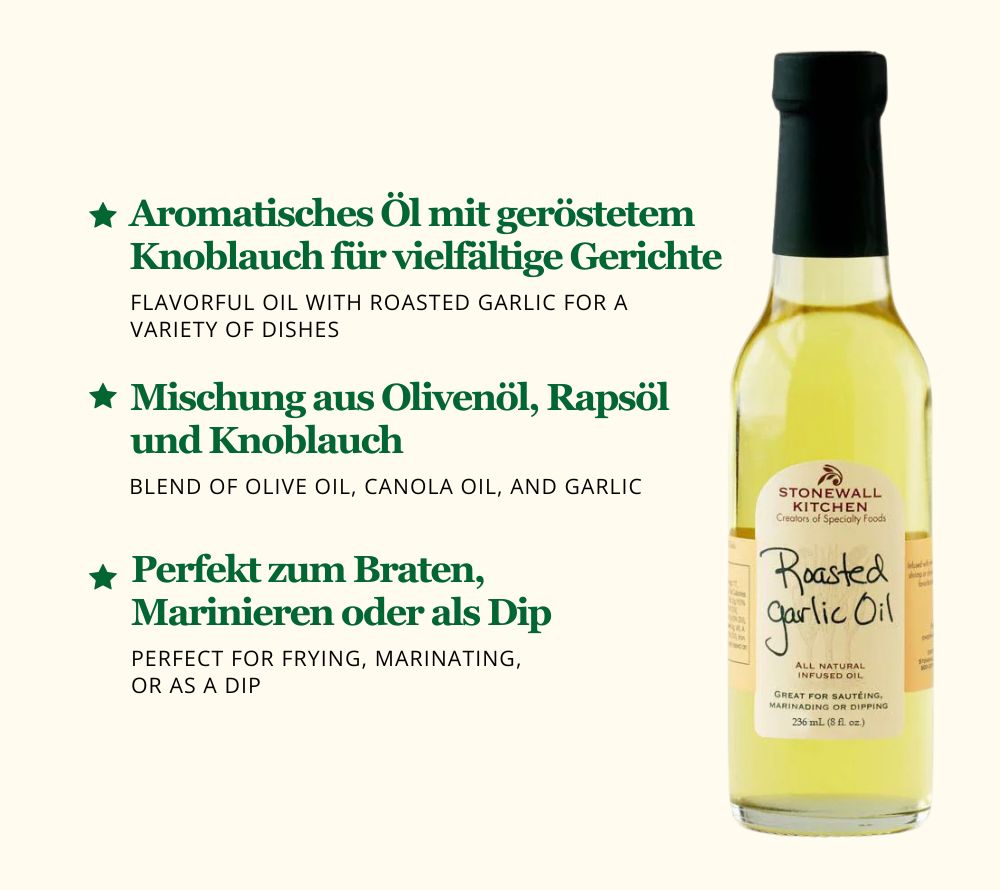 
                  
                    Roasted Garlic Oil - Knoblauchöl von Stonewall Kitchen kaufen ☆ Mit fein geröstetem Knoblauch ☆ Für Pizza, Pasta und als Dip ☆ Jetzt probieren!
                  
                