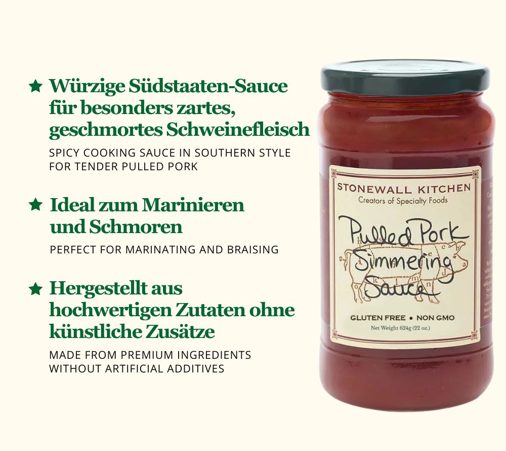Pulled Pork Simmering Sauce von Stonewall Kitchen ☆ Unvergleichlicher Geschmack  ☆ Importiert aus den USA ☆ Einzigartige Kochsauce » Jetzt probieren! 