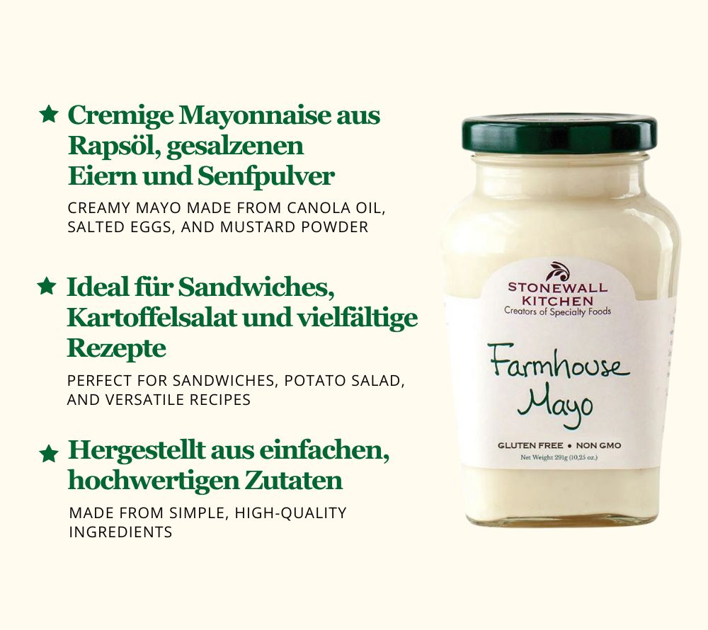 
                  
                    Farmhouse Mayo ☆ Non-GMO ☆ Glutenfrei ☆ Reichhaltig im Geschmack ☆ Importiert aus den USA ☆ Perfekt für Sandwiches » Jetzt bestellen! 
                  
                