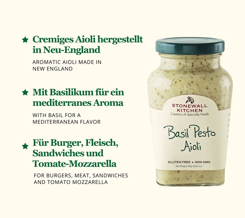 
                  
                    Basil Pesto Aioli von Stonewall Kitchen ☆ cremiges Aioli ☆ aus hochwertigen Zutaten ☆ mit Walnüssen & Pinienkernen ☆ Jetzt probieren!
                  
                